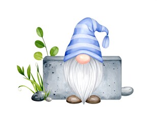 Cute gnome behind a gray stone