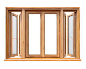 Full view of a light brown wooden window with multiple panes