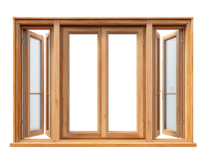 Full view of a light brown wooden window with multiple panes
