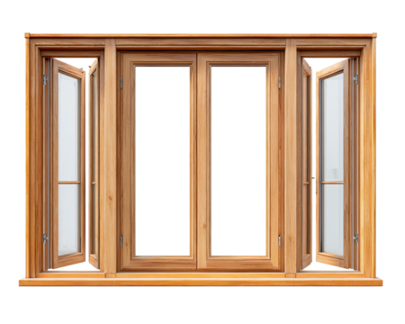 Full view of a light brown wooden window with multiple panes