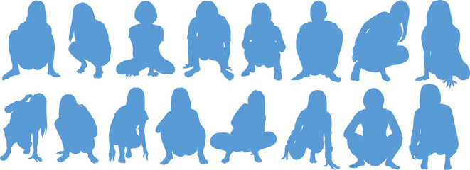 しゃがんでいる女性のイラストセット(シルエット)