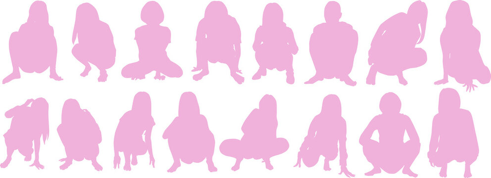 しゃがんでいる女性のイラストセット(シルエット)
