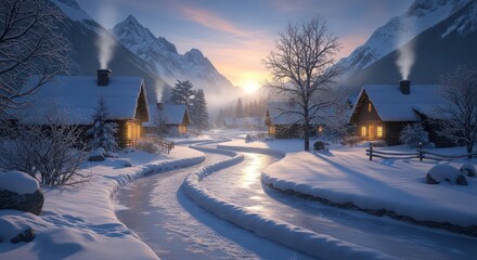 Snowy Village at Sunset with Frozen River and Mountain Backdrop