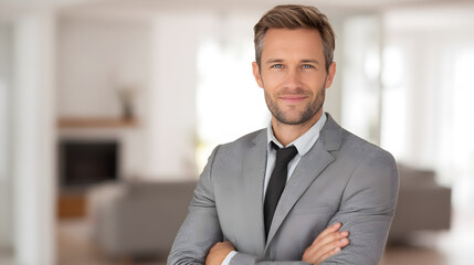 Confident Realtor in Business Attire Showcasing Professionalism and Success in Modern Interior Environment