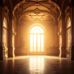 Grand hall bathed in golden light