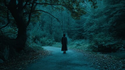 A solitary figure stands on an empty road leading into a dark and mysterious forest, evoking a sense of solitude, introspection, and unknown adventure ahead.