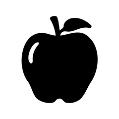 Simple Black Apple Silhouette with Stem and Leaf on a White Background