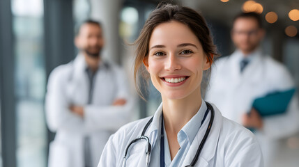 Confident Young Professional Smiling Portrait in Modern Medical Environment with Colleagues