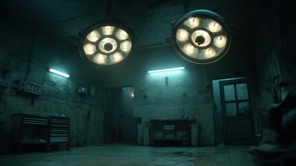 The eerie and dilapidated operating room is dimly lit by two bright surgical lamps casting harsh shadows throughout the abandoned and decaying medical facility.