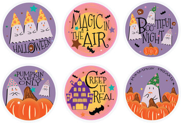 Cute Halloween Sticker Set with Ghosts, Pumpkins and Spooky Quotes. On Transparent Background