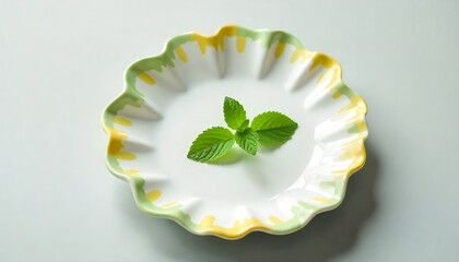  a white plate with a green and yellow ruffled edge, created with generative ai