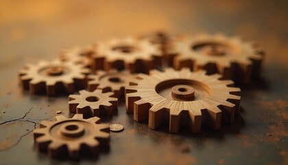 metallic gears and mechanical parts is laid out on a white background, using a shallow depth of field to craft an artistic industrial scene, created with generative ai