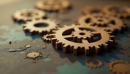 metallic gears and mechanical parts is laid out on a white background, using a shallow depth of field to craft an artistic industrial scene, created with generative ai
