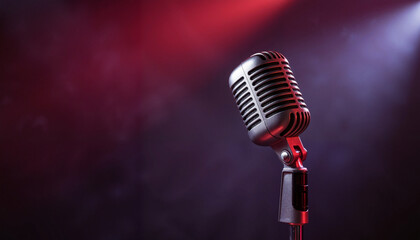 Vintage microphone with dramatic lighting on dark background, copy space     