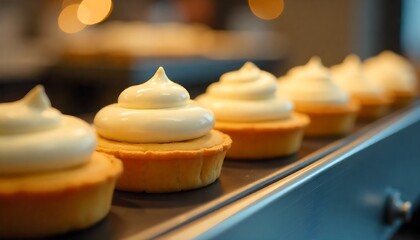 A conveyor belt with several small, round, light-colored tarts lined, Bakery producing English tarts, Freshly made tarts on production line in food factory, created with generative ai