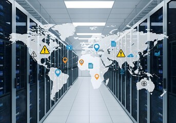 Global Data Network Security in Server Room—World Map with Warning and Cloud Icons Overlay

