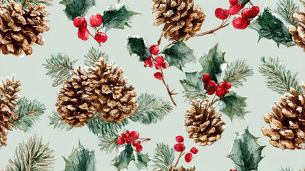 Watercolor pinecones with green fir branches and red holly berries on a light background