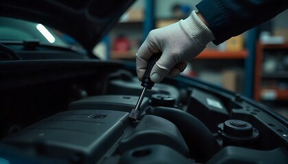 hand wearing a white glove holding a screwdriver in a workshop setting, created with generative ai