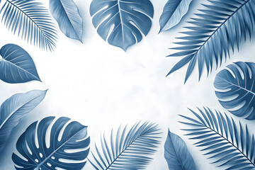 Blue tropical leaves frame a space on transparent background