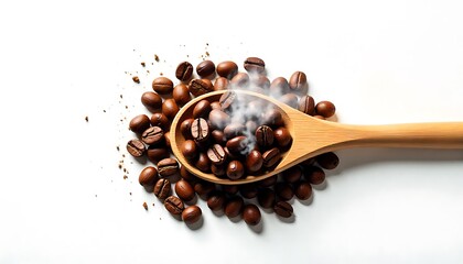 a wooden spoon filled with coffee beans on a white background, created with generative ai