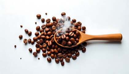 a wooden spoon filled with coffee beans on a white background, created with generative ai