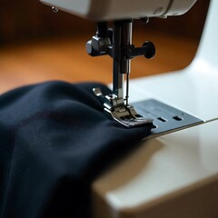  the foot pedal of sewing machine and a piece of fabric, Chinese foot pedal sewing machine on wooden table.Traditional home craftsmanship, created with generative ai