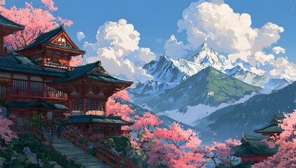Obraz premium Traditional Japanese temple surrounded by cherry blossoms with majestic mountain view
