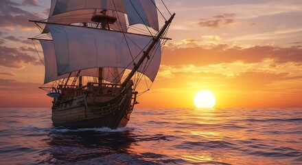 Obraz premium Majestic old sailing ship navigating the open ocean during a spectacular golden sunset, a symbol of adventure and discovery