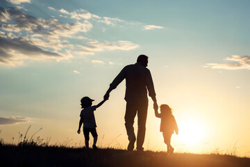 Father and children walk at sunset holding hands outdoors on transparent background