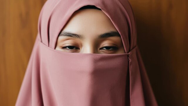 Closeup of a womans eyes wearing a pink niqab and hijab