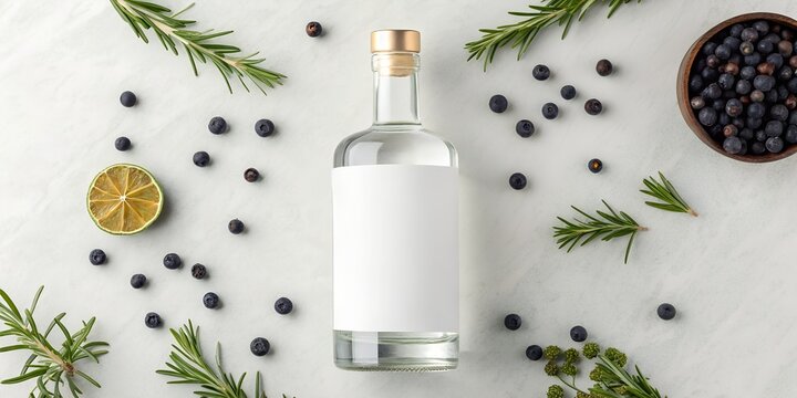 "A stylish gin bottle with a modern blank label, surrounded by juniper berries, herbs, and botanicals, fresh clean aesthetic."