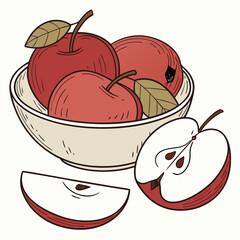 A bowl of ripe red apples with a sliced apple and a wedge displayed on a white background