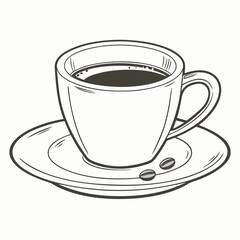 A simple line art illustration of a cup of coffee with two coffee beans on a saucer
