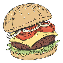 Delicious hand drawn burger illustration with sesame seed bun lettuce tomato onion and cheese