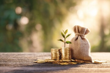 Harvesting wealth: sunrise inspirations on investment growth. Luxury style. Enhanced coins and lush money tree: wealth symbolism in a park. Glamour photo. Modern design.