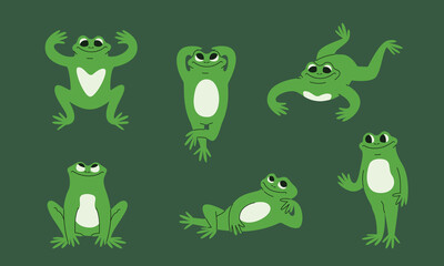 Different poses of funny frog. Anthropomorphic animal in linear flat style.