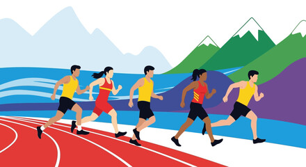 Flat vector illustration of a diverse group of male and female athletes running a race on a red track.