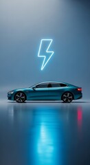 Teal sedan electric vehicle lightning bolt electric car