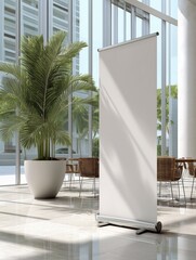 Blank pull up banner stand mockup in bright modern office entrance with tropical seating and plant background clean advertising display template