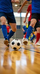 Naklejka premium Soccer players kicking ball indoor futsal indoor soccer