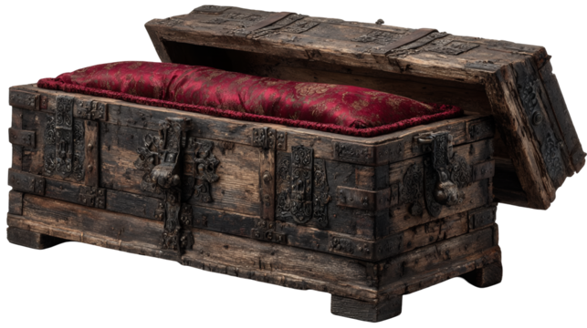 Rustic wooden coffin with decorative iron hinges isolated on transparent background for gothic Halloween designs isolated on a transparent background