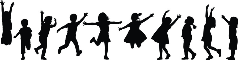 Silhouettes of happy children jumping, playing, dancing, running, raising hands, diverse kids having fun, energetic movement, isolated on white background