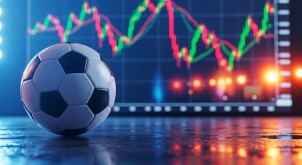 Soccer ball on wet surface with stock chart football