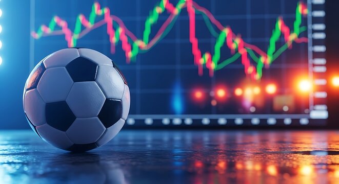 Soccer ball on wet surface with stock chart football