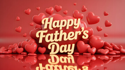 Happy fathers day greeting with a large pile of red hearts and the text happy fathers day in golden letters, symbolizing love and appreciation for dads on their special day
