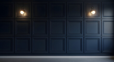 Elegant dark blue wall with decorative panels and two sconce lights on it