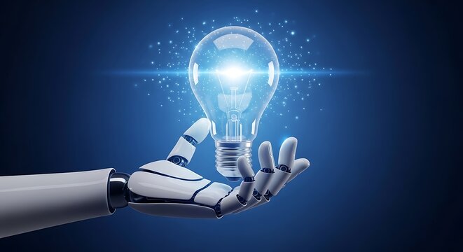 Robotic hand holding glowing light bulb robot hand - Powered by Adobe