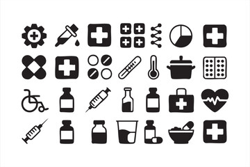 Vector set of medical and healthcare icons including syringe, pills, and first aid kit