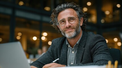 Smiling mature businessman with grey hair and beard working at laptop in modern office during the daytime, writing on paper with a pen