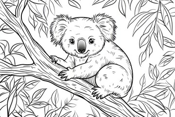 Cartoon coloring page of a cute koala on a tree in the jungle, with thick lines and no shading, perfect for kids' fun and creativity.